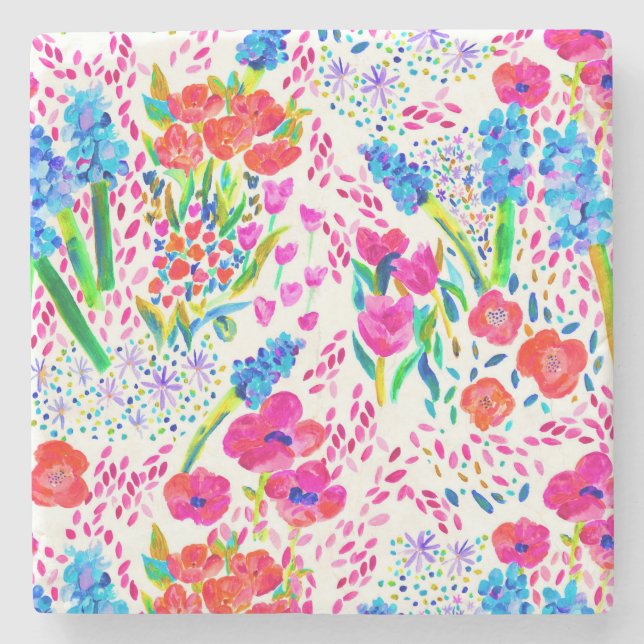 Cute colorful watercolor flowers pattern stone coaster (Front)