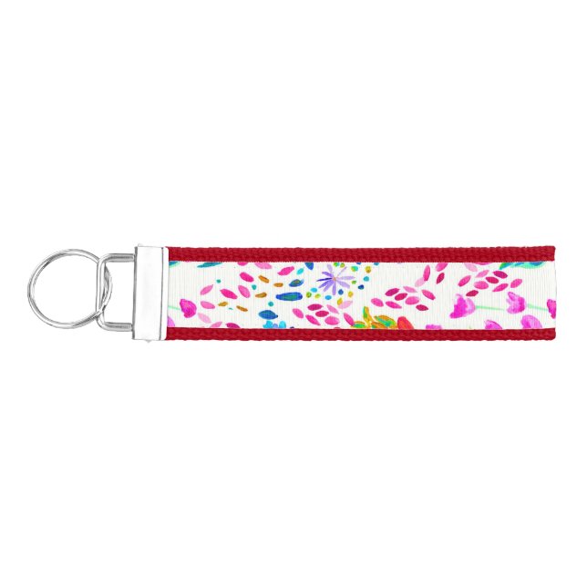 Cute colorful watercolor flowers pattern wrist keychain (Keys on Left)