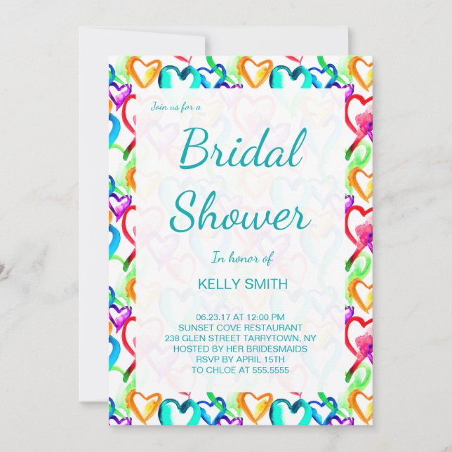 Cute colorful watercolor hearts bridal shower invitation (Front)