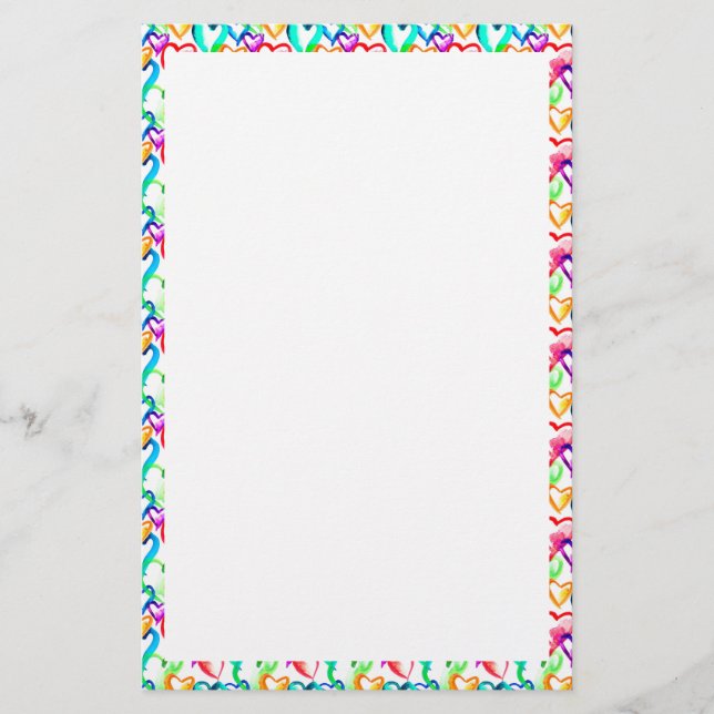 Cute colorful watercolor hearts pattern stationery (Front)