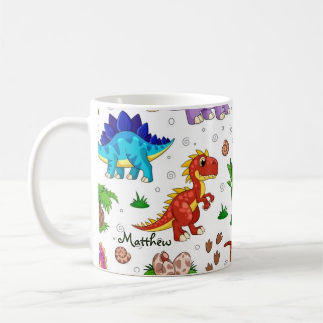 Cute Colorful Watercolor Pattern Jungle Dinosaur Coffee Mug (Left)