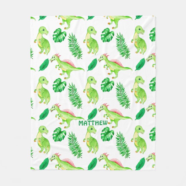 Cute Colorful Watercolor Pattern Jungle Dinosaur Fleece Blanket (Front)