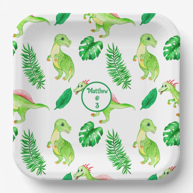 Cute Colorful Watercolor Pattern Jungle Dinosaur Paper Plates (Front)