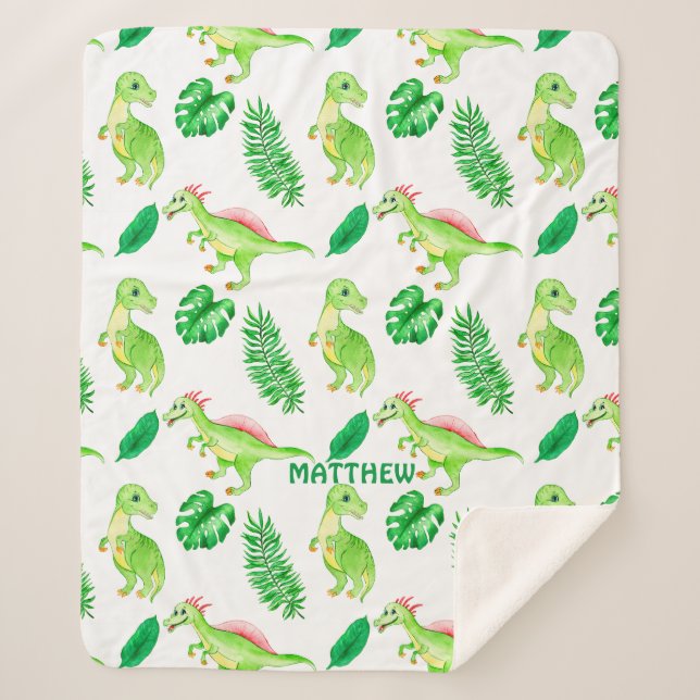 Cute Colorful Watercolor Pattern Jungle Dinosaur Sherpa Blanket (Front)