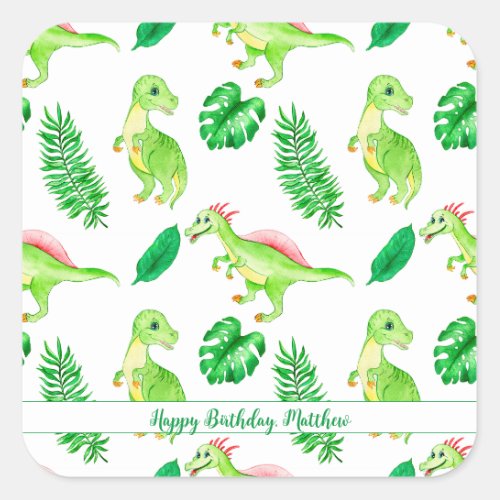 Cute Colorful Watercolor Pattern Jungle Dinosaur Square Sticker