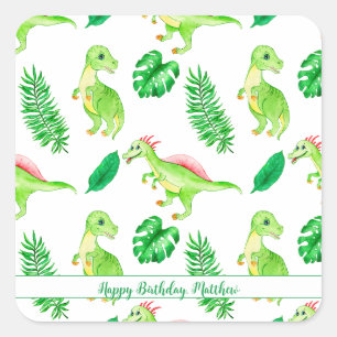 Cute Colorful Watercolor Pattern Jungle Dinosaur Square Sticker