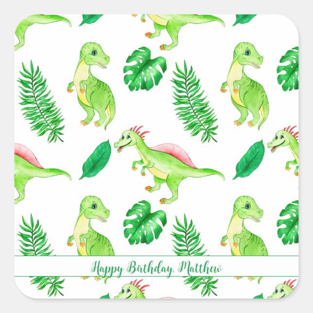 Cute Colorful Watercolor Pattern Jungle Dinosaur Square Sticker (Front)