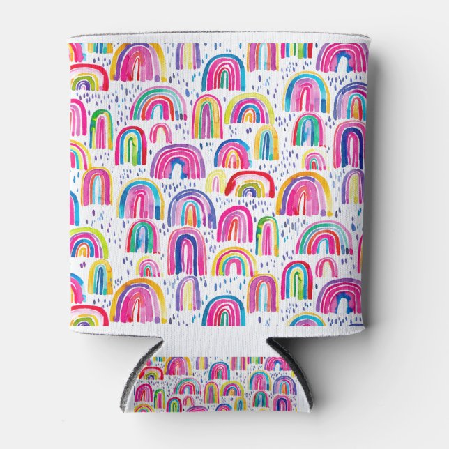 Cute Colorful Watercolor Rainbows Can Cooler (Front)