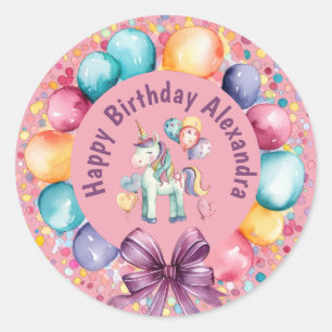 Cute Colorful Watercolor Unicorn Birthday Classic Round Sticker