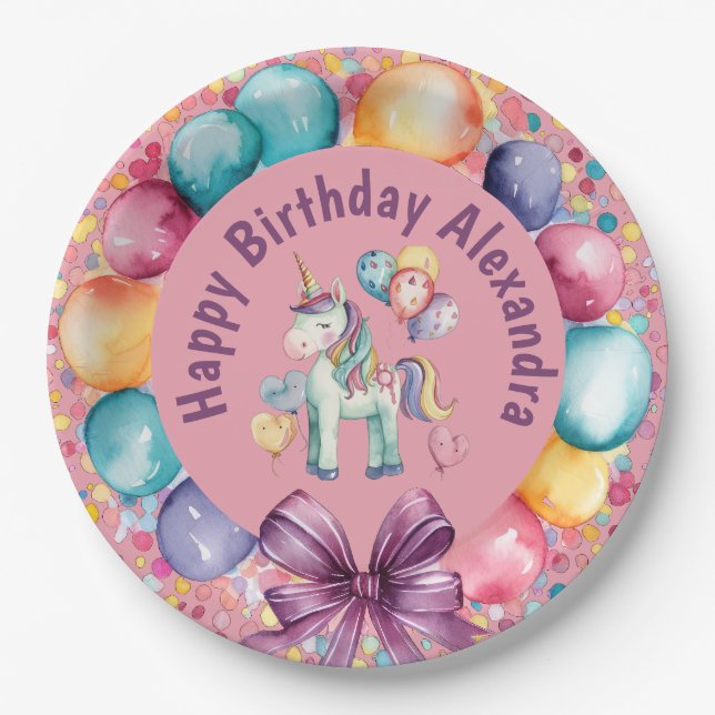 Cute Colorful Watercolor Unicorn Birthday Paper Plates (Front)