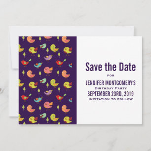Cute Colorful Whimsical Birds Pattern Birthday Save The Date