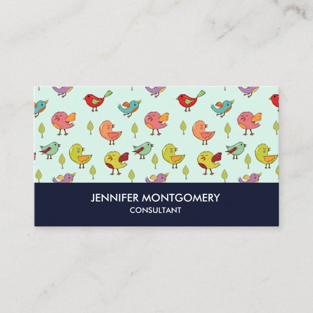 Cute Colorful Whimsical Birds Pattern Business Card (Front)