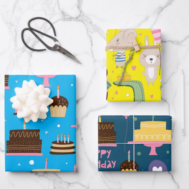 Cute Colorful Whimsical Birthday Animals Pattern Wrapping Paper Sheets (Front)