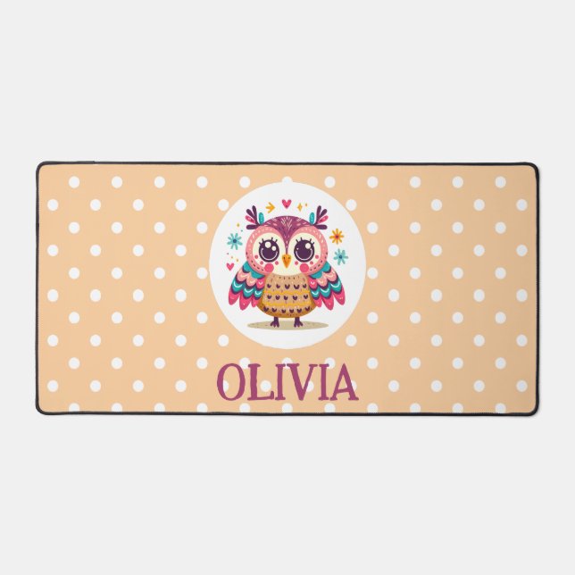Cute Colorful Whimsical Owl Desk Mat (Front)