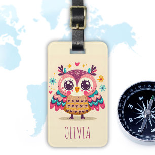Cute Colorful Whimsical Owl Luggage Tag
