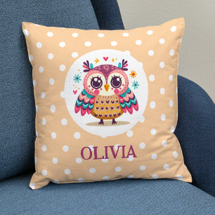 Cute Colorful Whimsical Owl with Polka Dots Throw Pillow