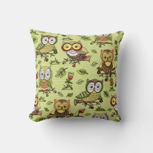 Cute Colorful Whimsical Owls Modern Bird Pattern Throw Pillow