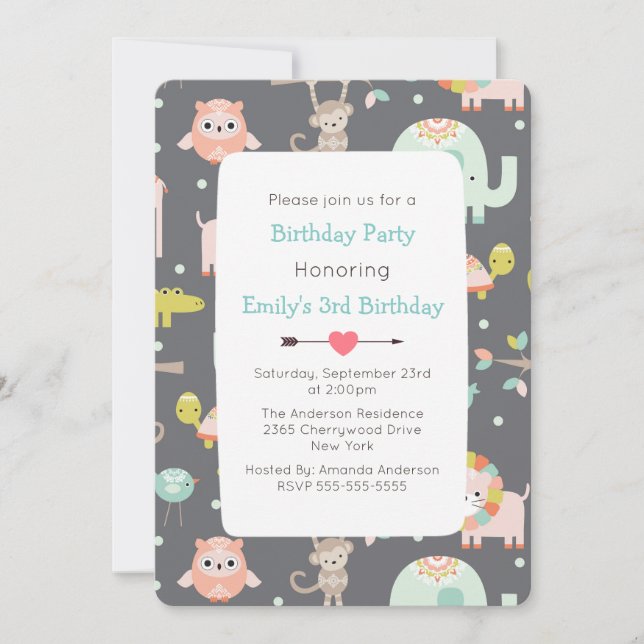 Cute Colorful Wild Animals Birthday Party Invite (Front)