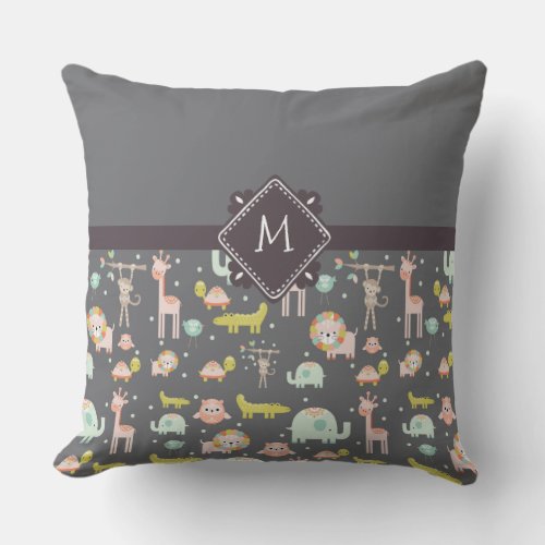 Cute Colorful Wild Animals Nursery Art Monogram Throw Pillow