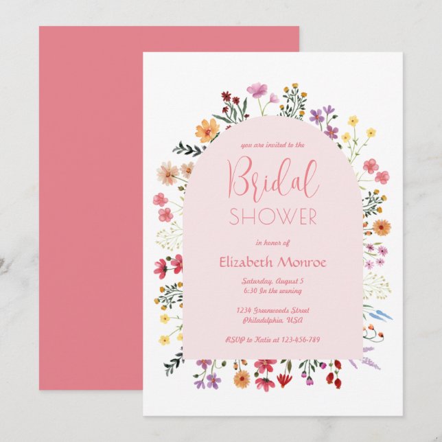 Cute Colorful Wildflower Pink Arch Bridal Shower Invitation (Front/Back)