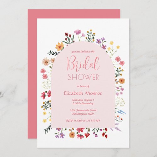 Cute Colorful Wildflower Pink Arch Bridal Shower Invitation