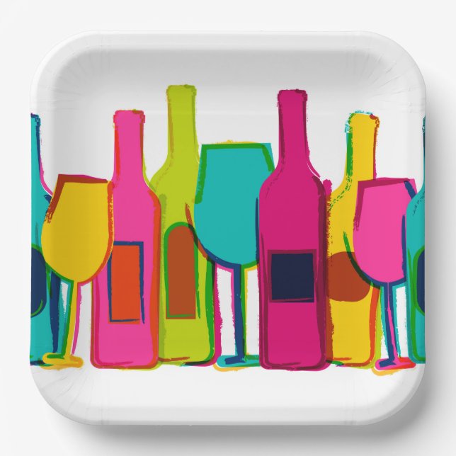 Cute colorful wine bottles pattern paper plates (Front)