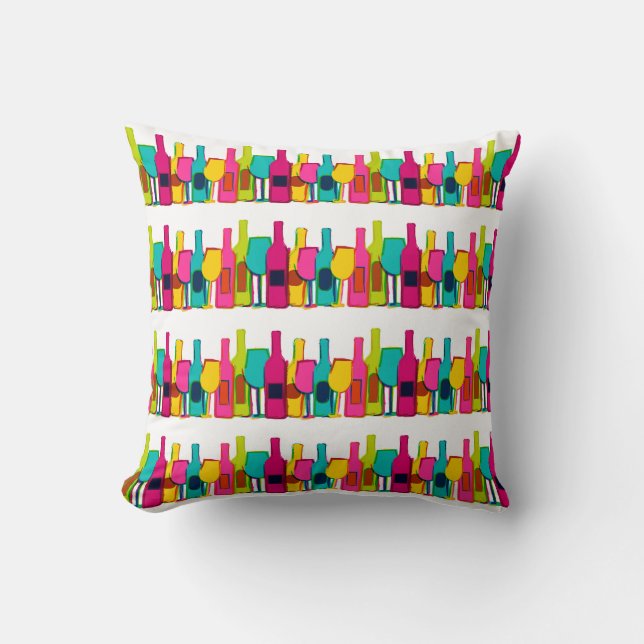 Cute colorful wine bottles pattern throw pillow (Front)