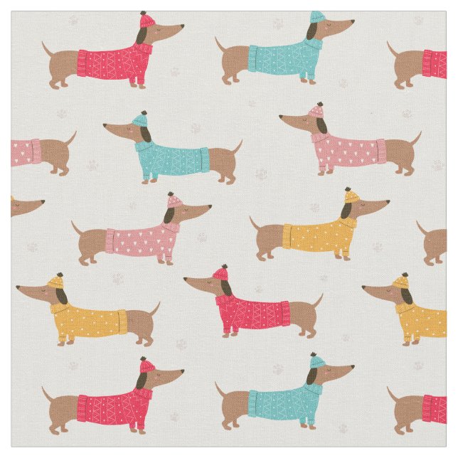 Cute Colorful Winter Dachshund Dog Pattern Fabric (Close Up)
