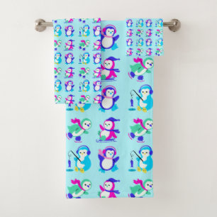 Cute Colorful Winter Penguins Bath Towel Set