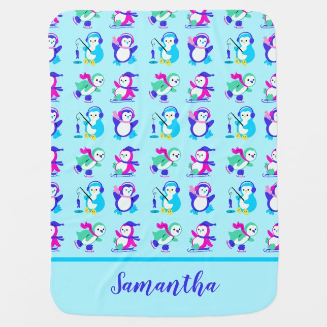 Cute Colorful Winter Penguins Personalized Baby Blanket (Front)