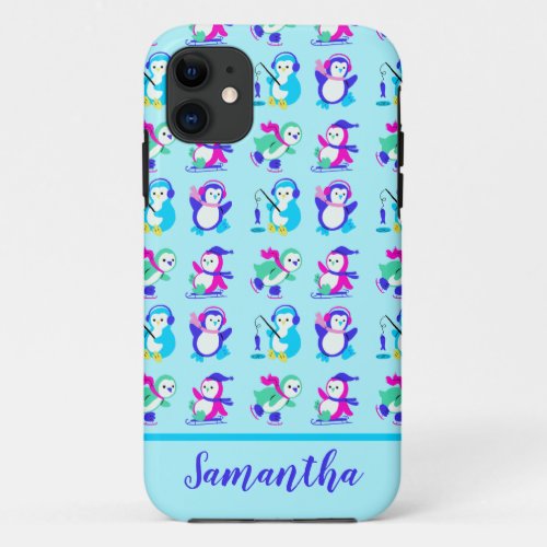 Cute Colorful Winter Penguins Personalized iPhone 11 Case