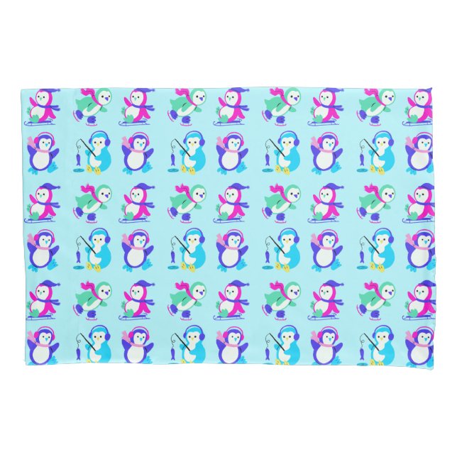 Cute Colorful Winter Penguins Pillow Case (Front)