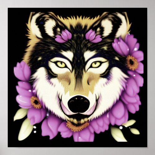 Cute Colorful Wolf Girl with Flowers  Poster