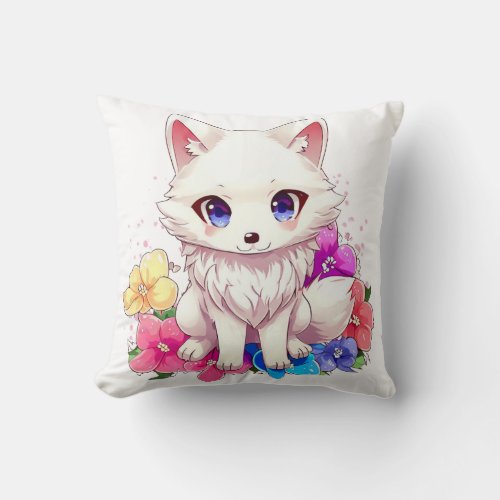 cute colorful wolf with flowers anime style throw pillow