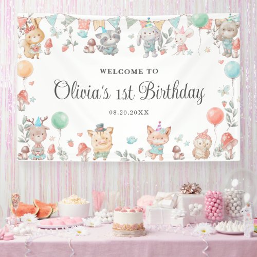 Cute Colorful Woodland Animals Birthday Backdrop Banner