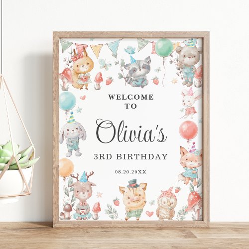 Cute Colorful Woodland Animals Birthday Party  Poster