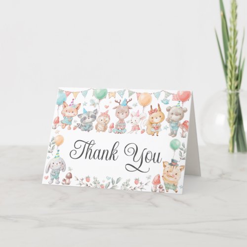 Cute Colorful Woodland Animals Birthday Party  Thank You Card