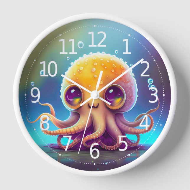 Cute Colorful Yellow Octopus Alien Artwork | Clock (Front)