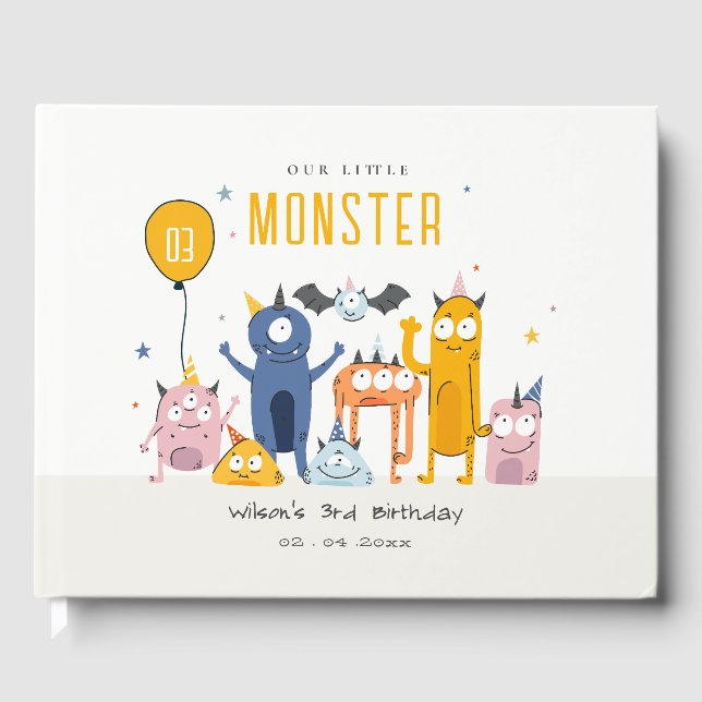 Cute Colorful Yellow Party Monsters Kids Birthday Guest Book (Front)