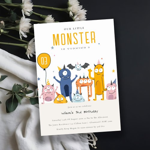Cute Colorful Yellow Party Monsters Kids Birthday Invitation