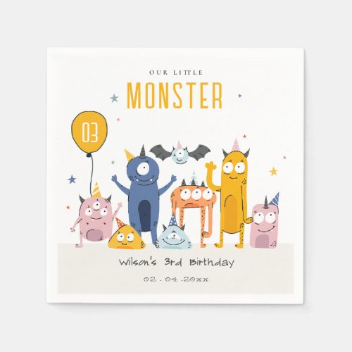 Cute Colorful Yellow Party Monsters Kids Birthday Napkins