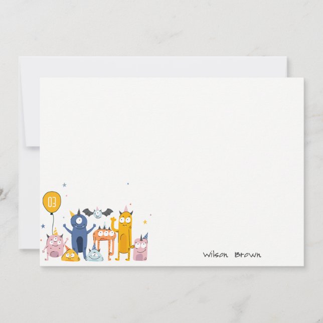 Cute Colorful Yellow Party Monsters Kids Birthday Note Card (Front)