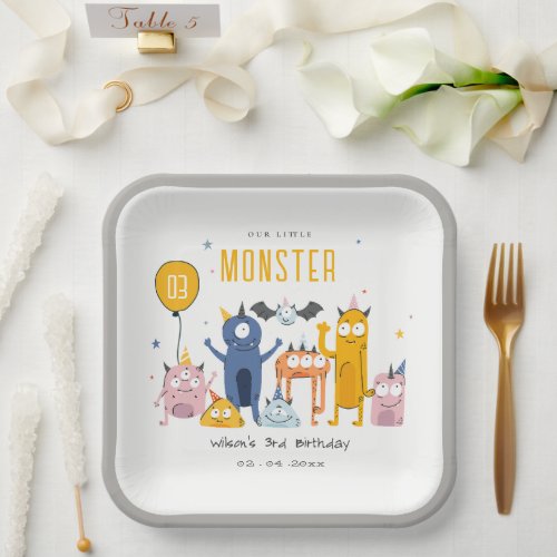 Cute Colorful Yellow Party Monsters Kids Birthday Paper Plates