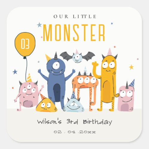 Cute Colorful Yellow Party Monsters Kids Birthday Square Sticker
