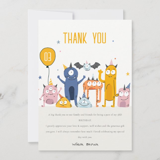 Cute Colorful Yellow Party Monsters Kids Birthday Thank You Card (Front)
