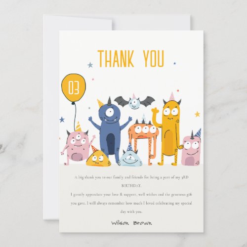 Cute Colorful Yellow Party Monsters Kids Birthday Thank You Card