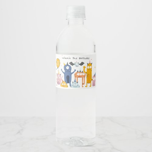 Cute Colorful Yellow Party Monsters Kids Birthday Water Bottle Label