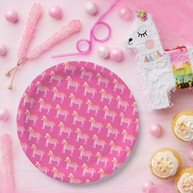 Cute Colorful Zebras Pink Baby Shower  Paper Plates (Party)