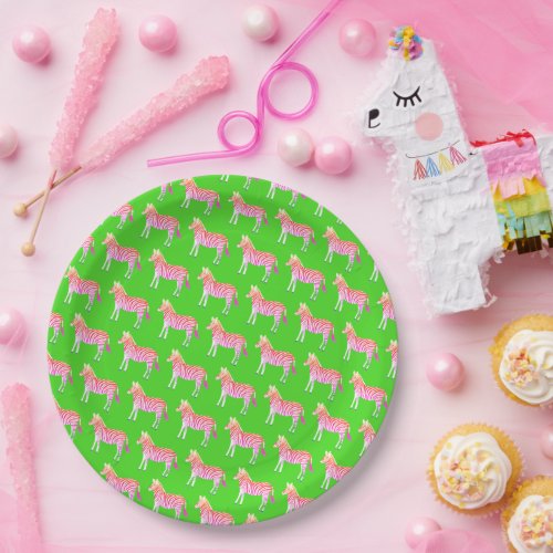 Cute Colorful Zebras Pink Lime Green Baby Shower  Paper Plates