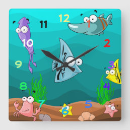 Cute ColorfulSea Life Under the Ocean with Numbers Square Wall Clock
